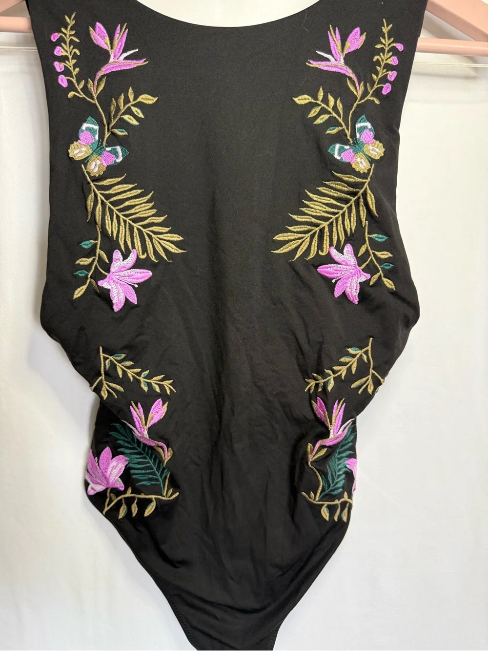 H&M Black One-Piece Swimsuit with Pink & Green Floral Embroidery